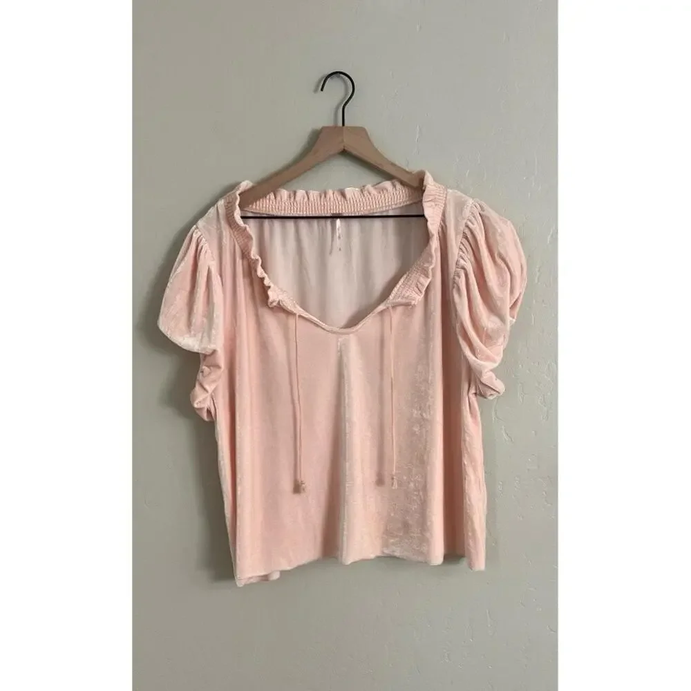 Free People Teresa‎ Velvet XL Light Pink Ruffled Peasant Puff Sleeve Top Boho